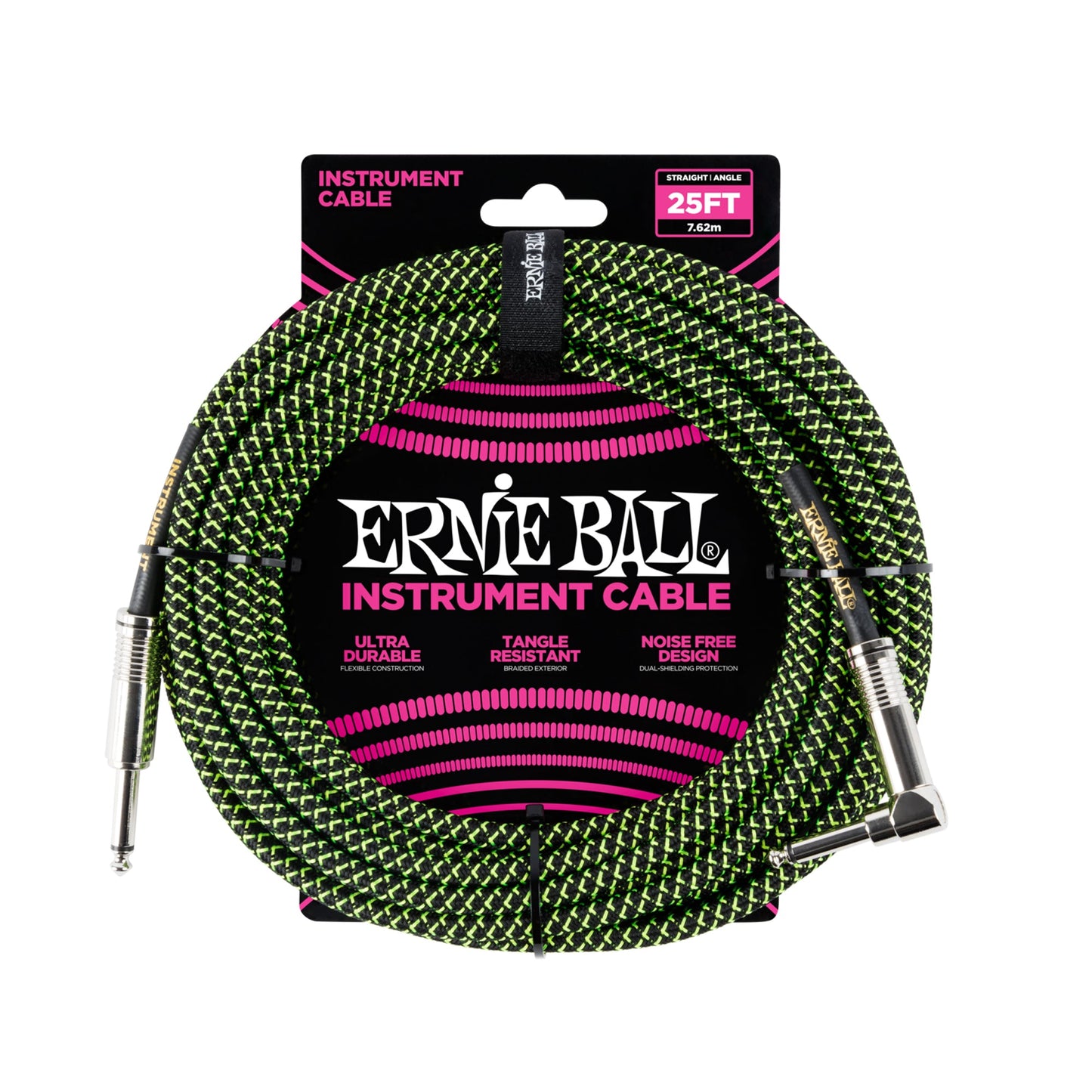Ernie Ball P06066 Braided Instrument Cable Straight/Angle 25ft Black Green