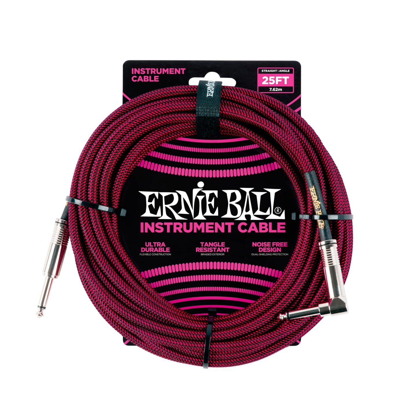 Ernie Ball P06062 Braided Instrument Cable Straight/Angle 25ft Black Red