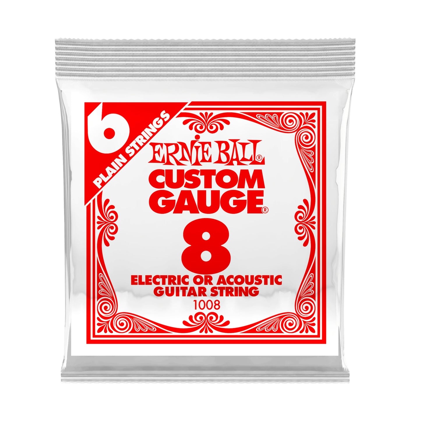 Ernie Ball P01008 Plain Steel .008 Electric Acoustic Guitar Single Strings 6-Pack