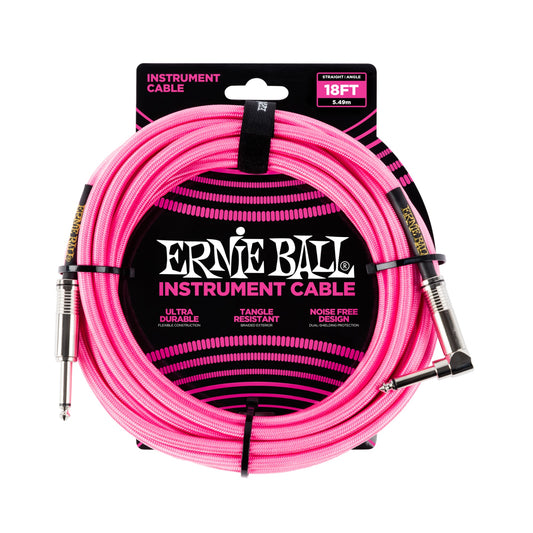 Ernie Ball P06083 Braided Instrument Cable Straight/Angle 18ft Neon Pink