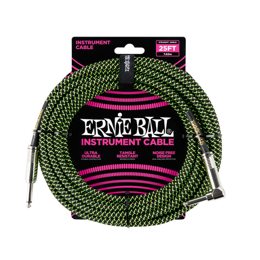 Ernie Ball P06066 Braided Instrument Cable Straight/Angle 25ft Black Green