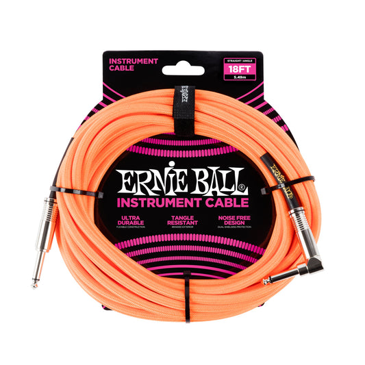 Ernie Ball P06084 Braided Instrument Cable Straight/Angle 18ft Neon Orange