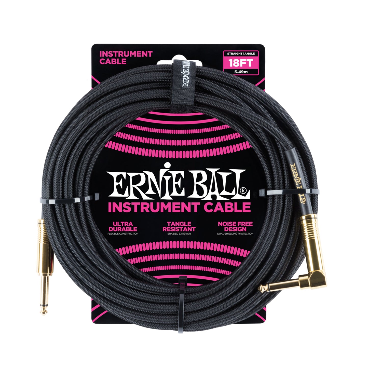 Ernie Ball P06086 Braided Instrument Cable 18ft Black Gold Connectors