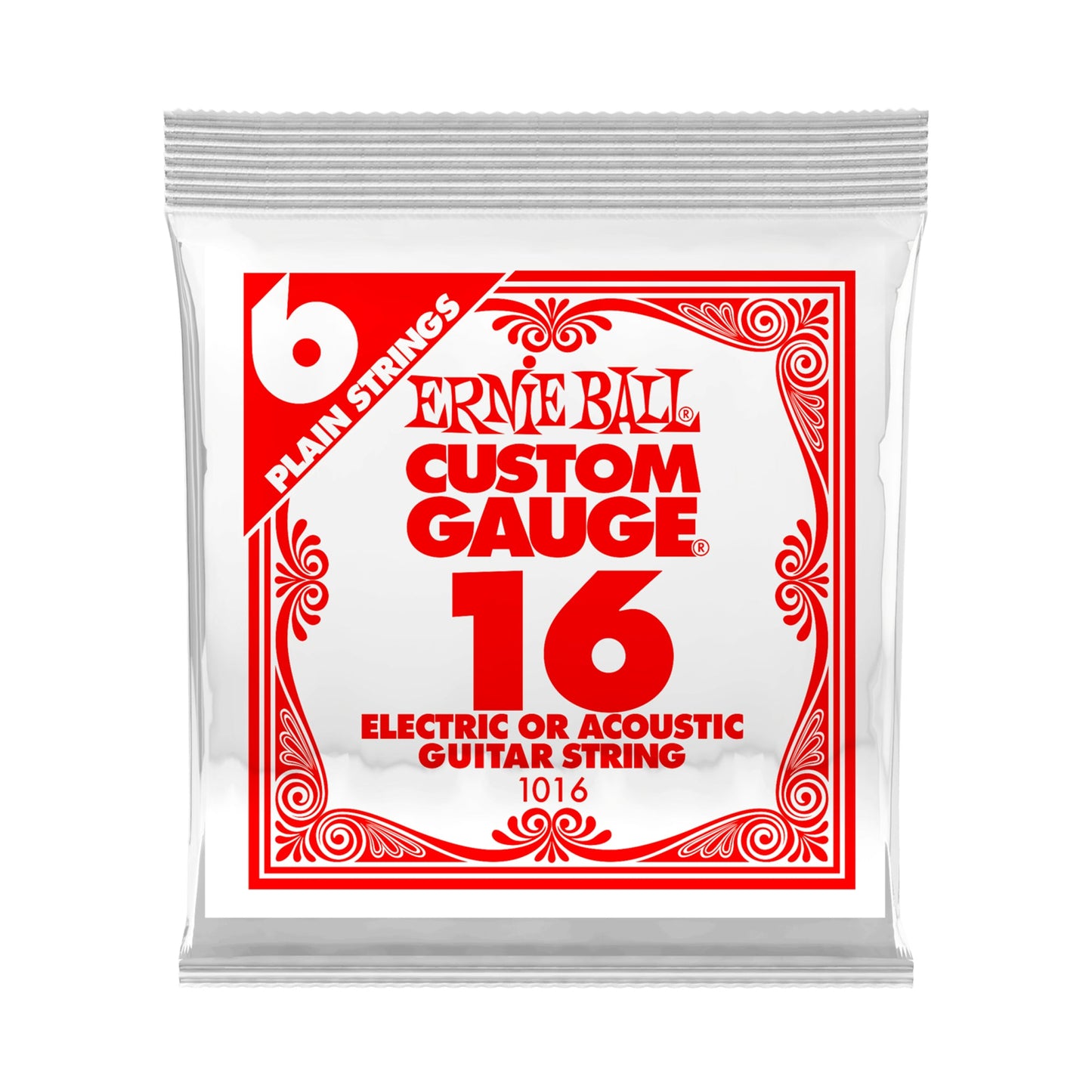 Ernie Ball Plain Steel Electric & Acoustic Guitar Single Strings | P01016 | .016 Gauge | 6-Pack