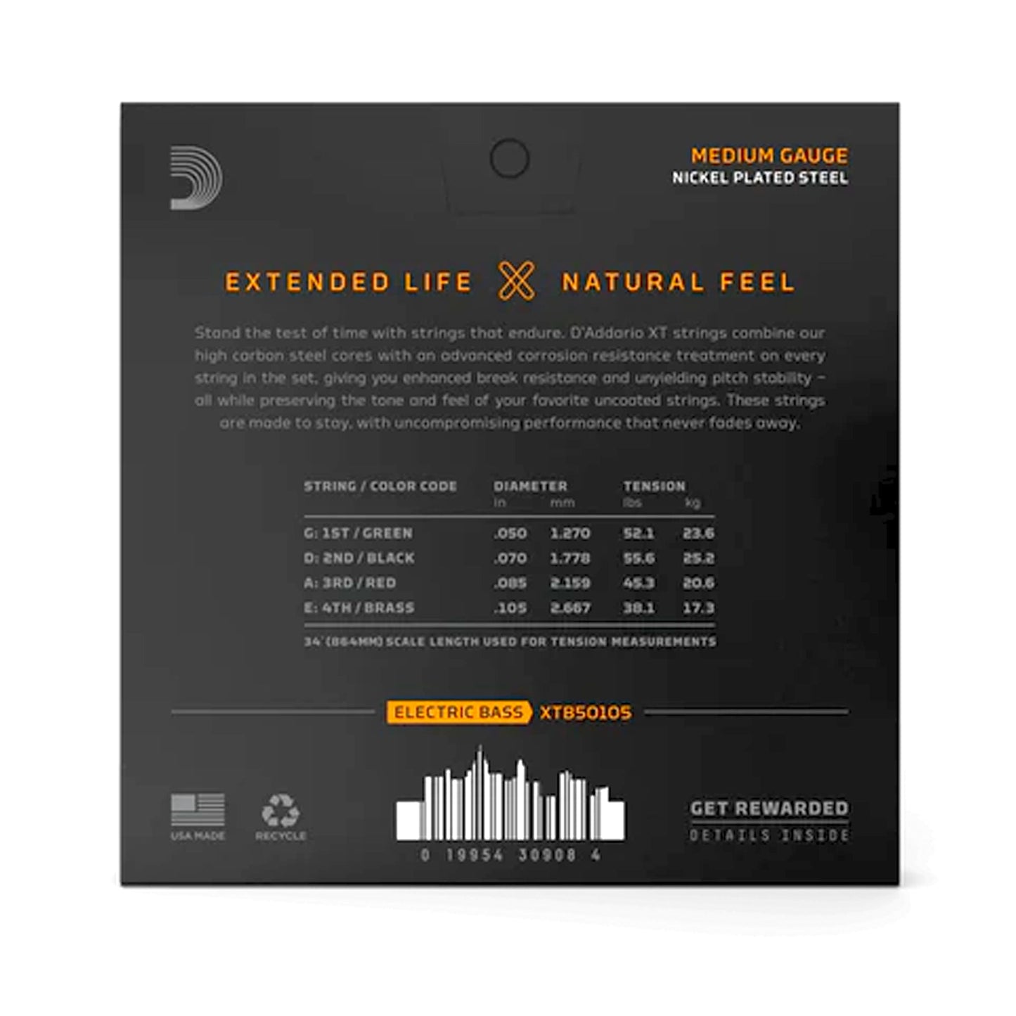 D'Addario XTB50105 XT Nickel Coated Bass Guitar Strings 50-105