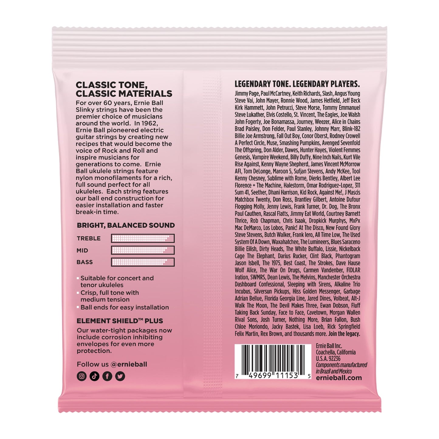 Ernie Ball P02330 Concert Tenor Wound Low G Nylon Ball End Ukulele Strings Clear