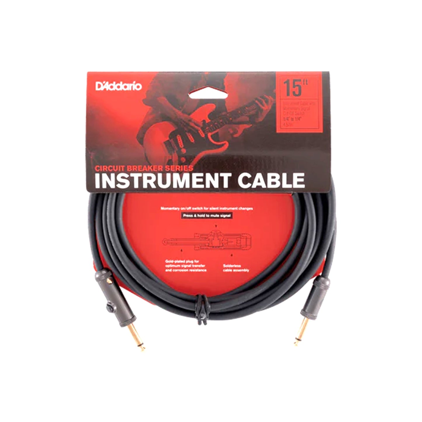 D'Addario PW-AG-15 Circuit Breaker Instrument Cable Straight 15ft