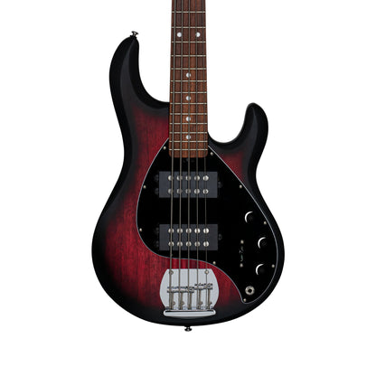 Sterling RAY5HH-RRBS – 5-String Dual HH Active Bass Guitar | Ruby Red Burst Satin