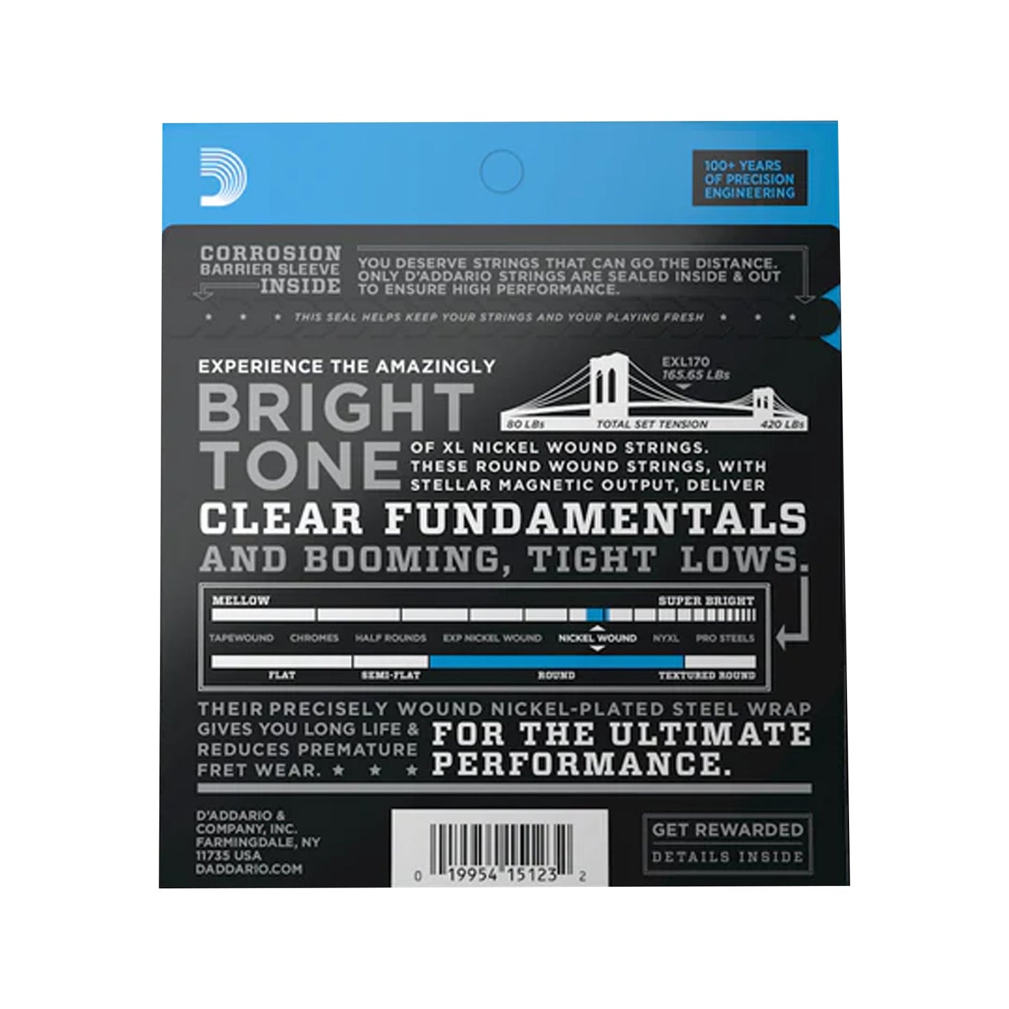 D'Addario EXL170 XL Nickel Bass Guitar Strings Regular Light 45-100