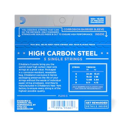 D'Addario PL010-5 Plain Steel .010 Single Guitar String 5-Pack