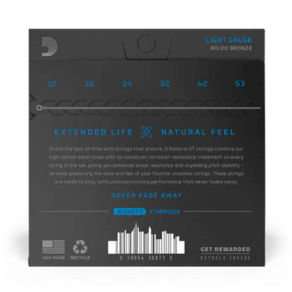 D'Addario XTABR1253 XT 80/20 Bronze Coated Acoustic Strings 12-53