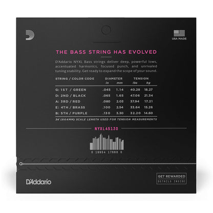 D'Addario NYXL45130 NYXL 5-String Bass Guitar Strings 45-130
