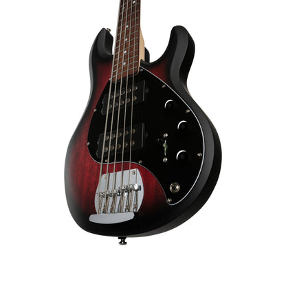 Sterling RAY5HH-RRBS – 5-String Dual HH Active Bass Guitar | Ruby Red Burst Satin